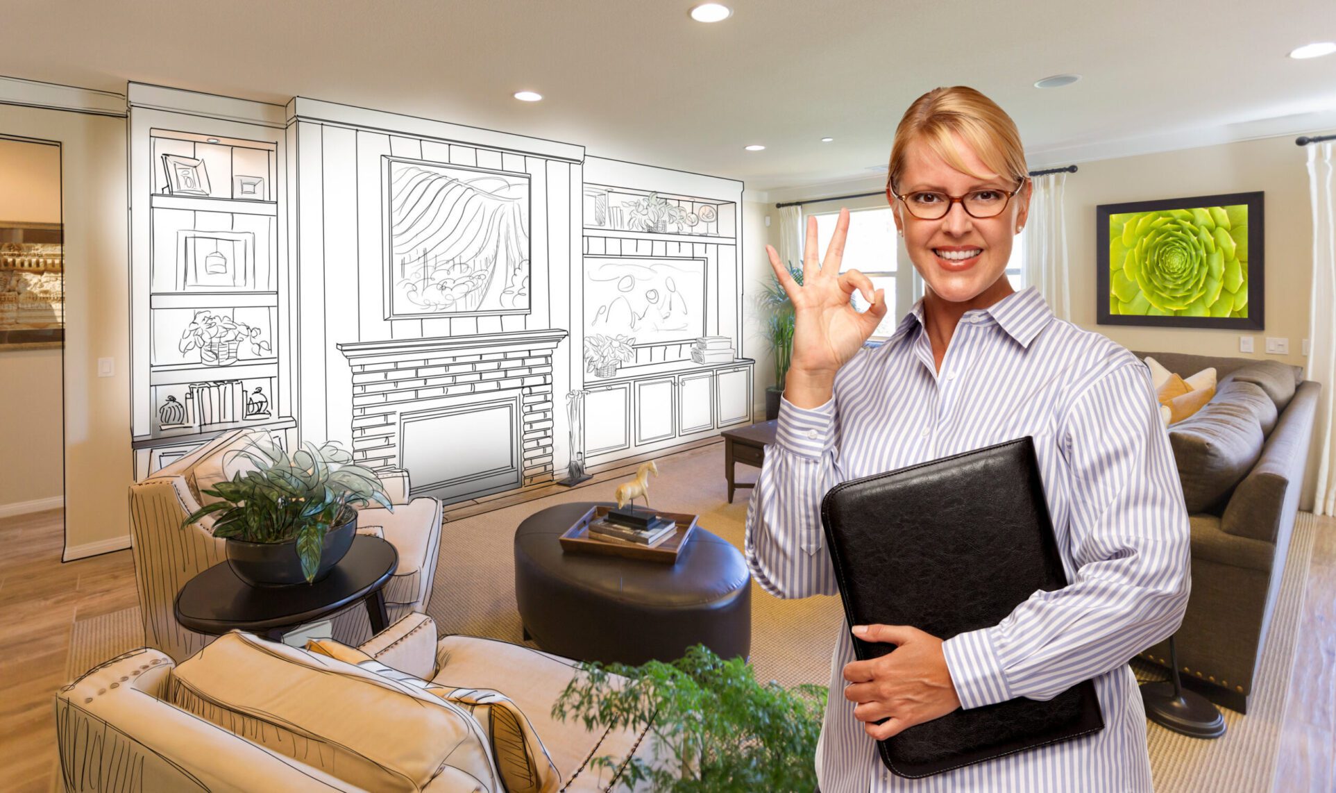 Happy Woman with Okay Sign Over Custom Living Room and Design Drawing.